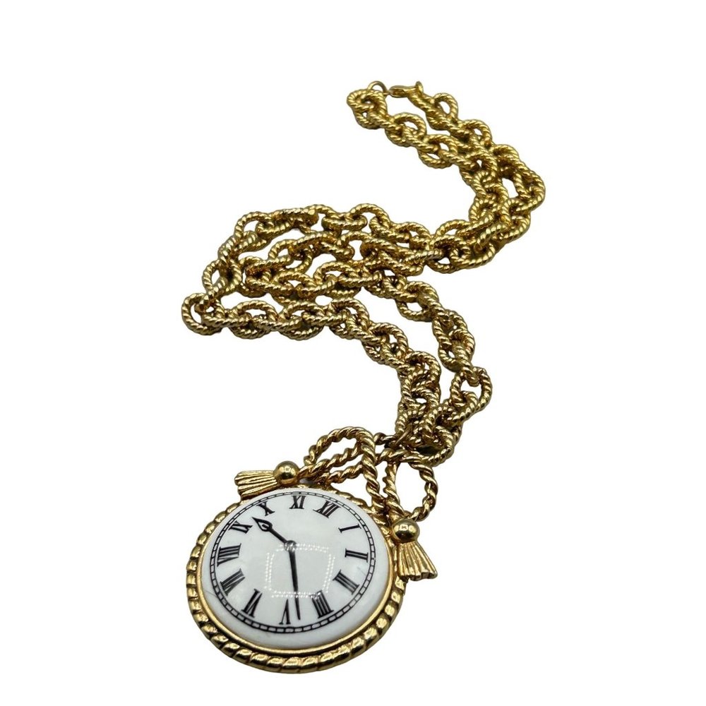 Vintage Clock Necklace Ceramic Pendant Textured Chunky Chain Statement Jewelry